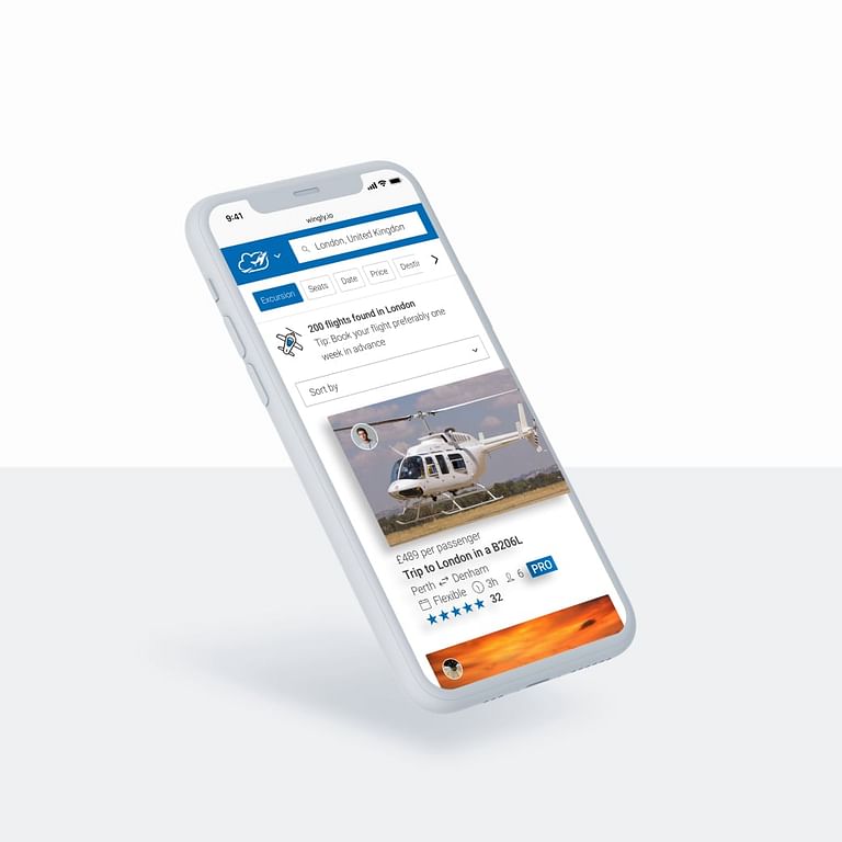 Mobile displaying Wingly flight listings