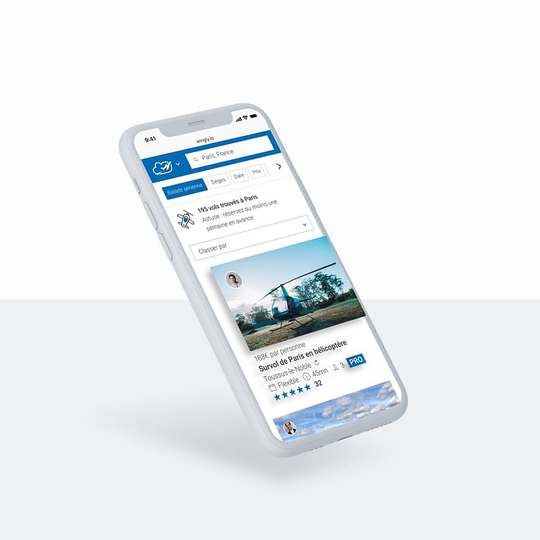 Mobile affichant les listes de vols Wingly