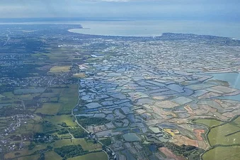 Vue aérienne des marais salants avec en arrière plan la baie de La Baule