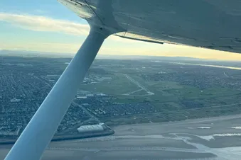 Departing Blackpool airport over the sea