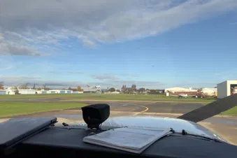 Taxi out with view on the Technik Museum Speyer