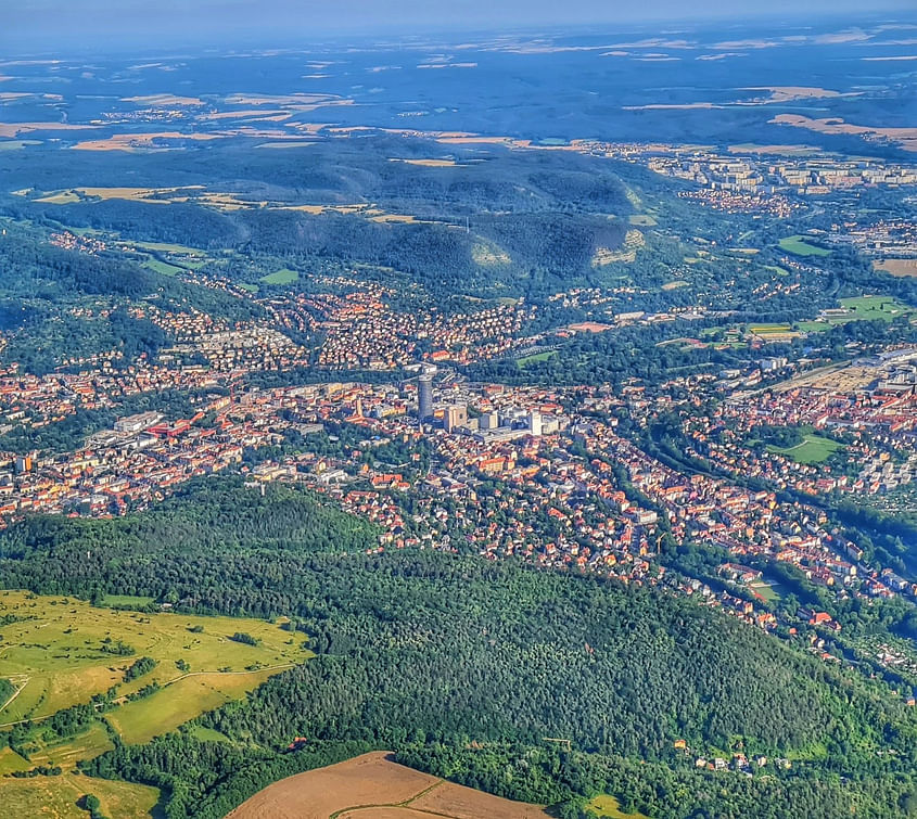 Leuchtenburg, Jena und Dornburger Schlösser von oben