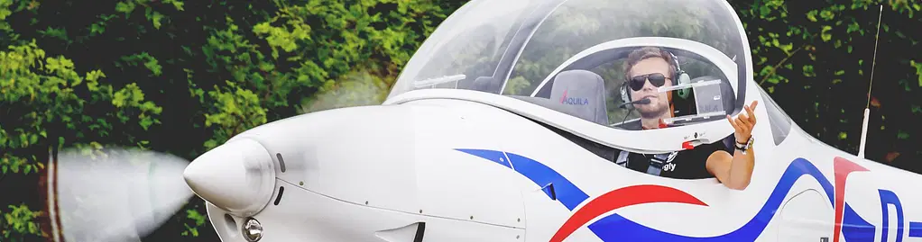 A pilot in a light aircraft is ready for take-off